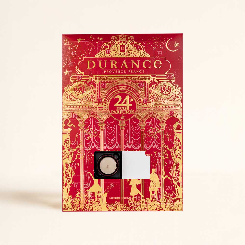 Calendario de adviento Durance con ventana abierta mostrando una vela aromática y tarjeta de aroma sorpresa – D'Arome