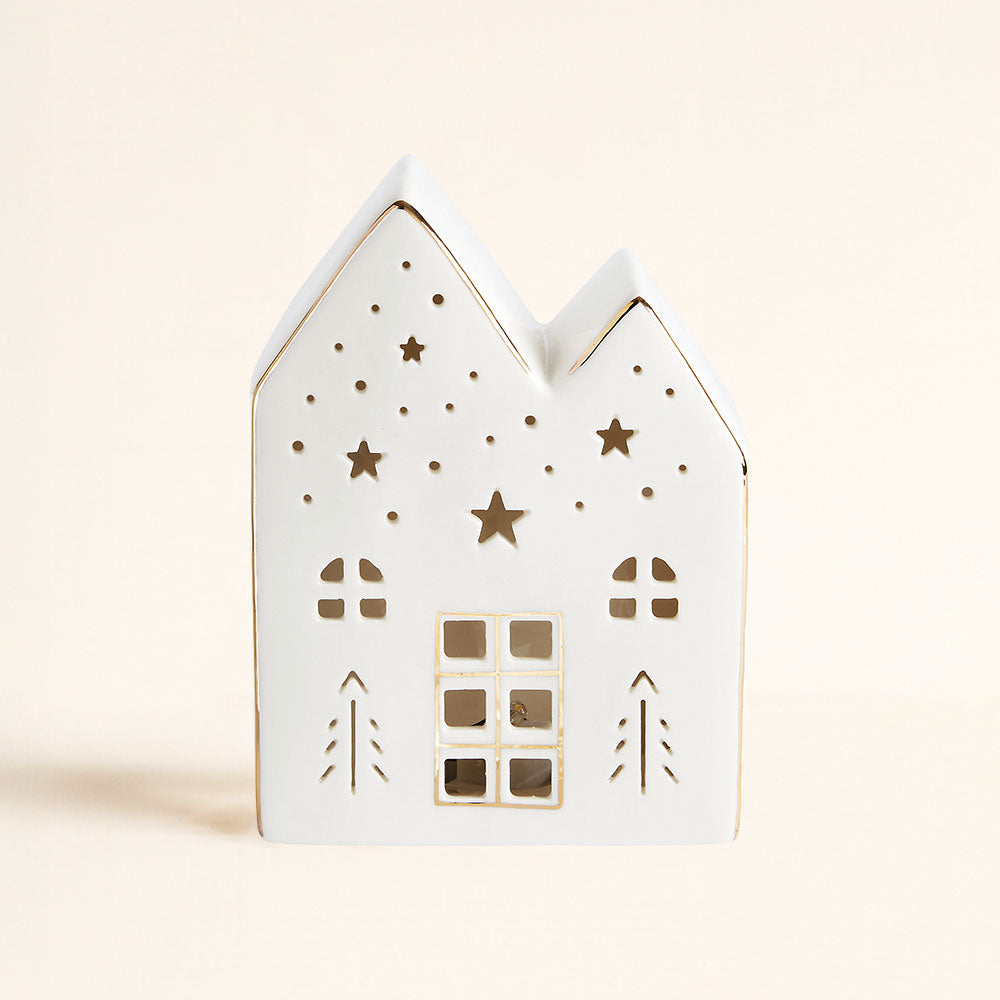Casita de Navidad de cerámica blanca con luz LED, ventanas troqueladas y detalle dorado, tamaño grande, Mathilde M – D'Arome