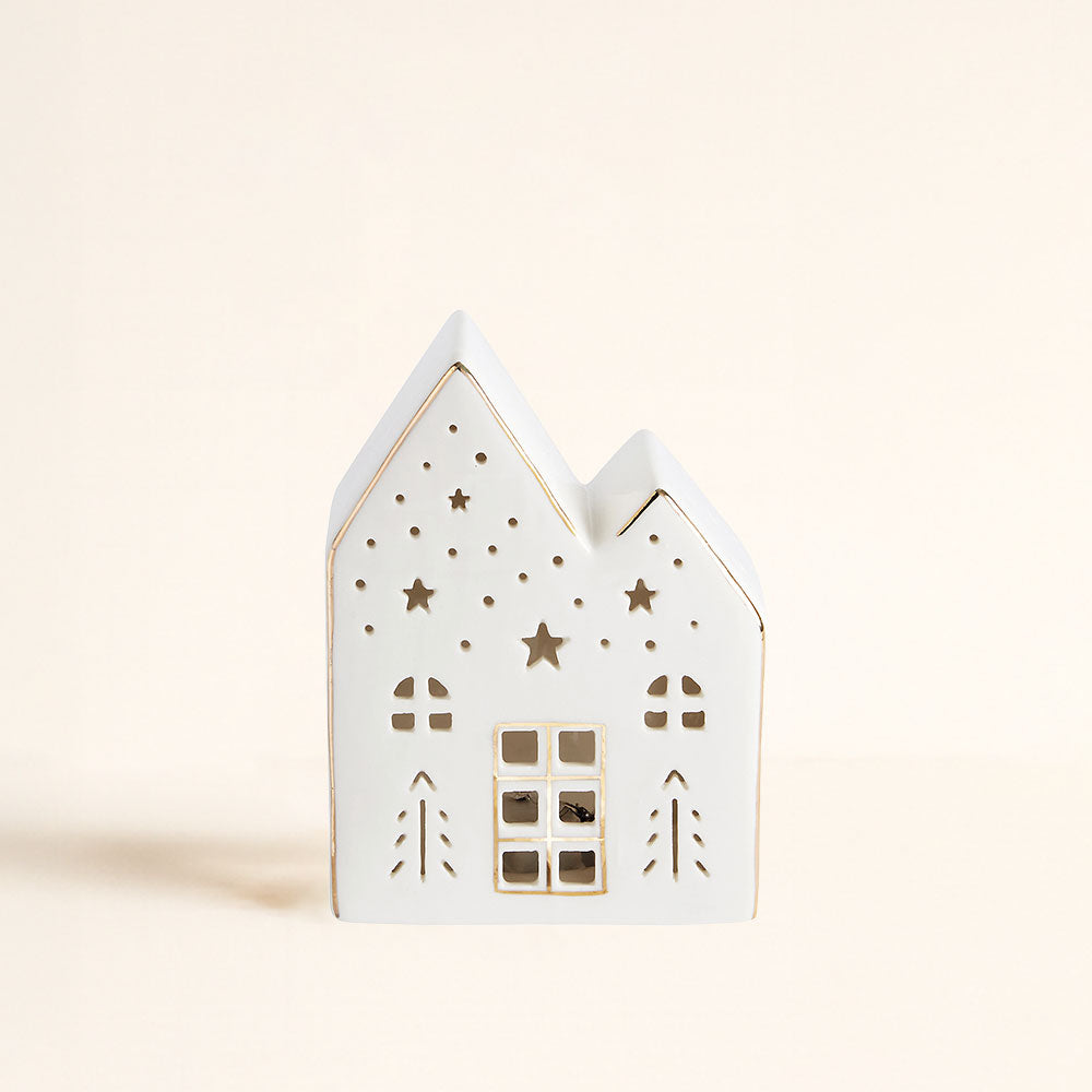Casita de Navidad de cerámica blanca con luz LED, ventanas troqueladas y detalle dorado, tamaño pequeño, Mathilde M – D'Arome