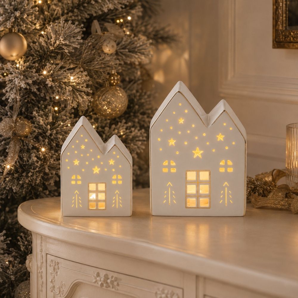Casitas de Navidad de cerámica con luz LED de Mathilde M grande y pequeña junto a vela y árbol decorado, de noche iluminadas – D'Arome