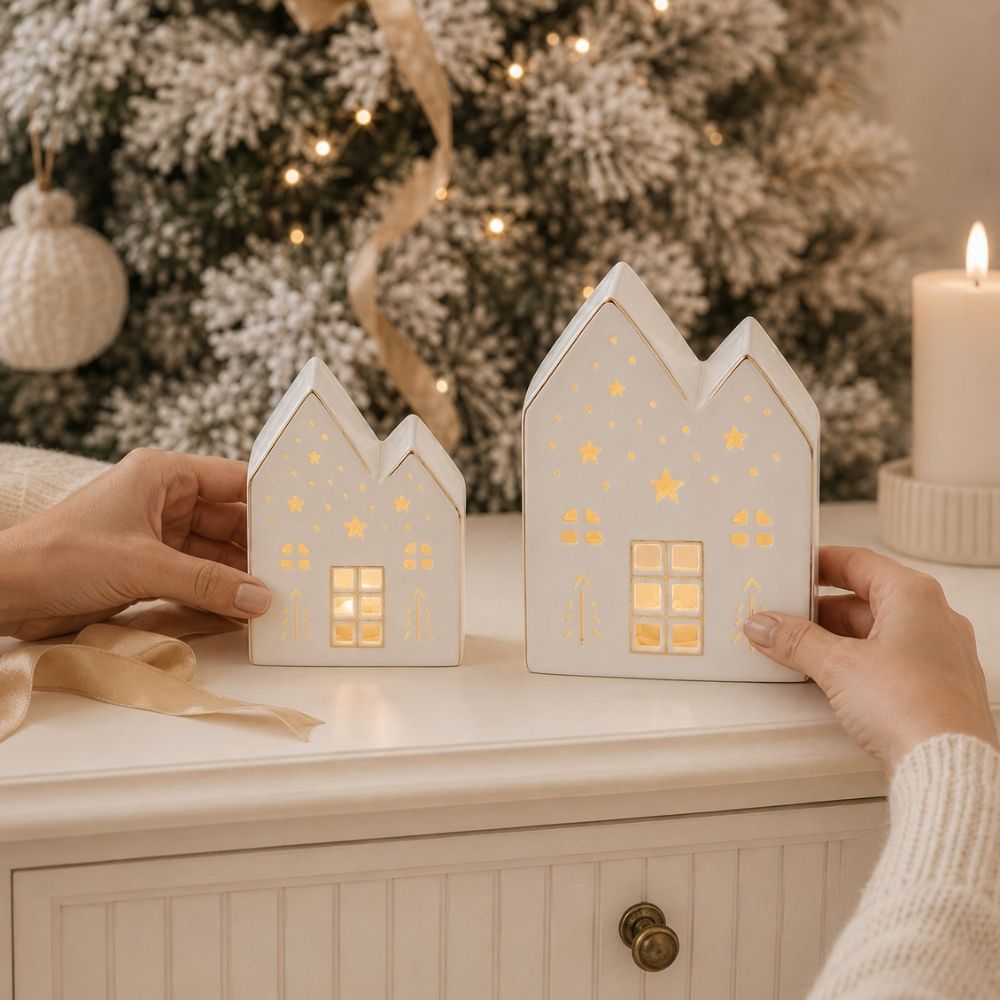 Persona colocando las casitas de Navidad de cerámica LED Mathilde M grande y pequeña sobre cajonera – D'Arome