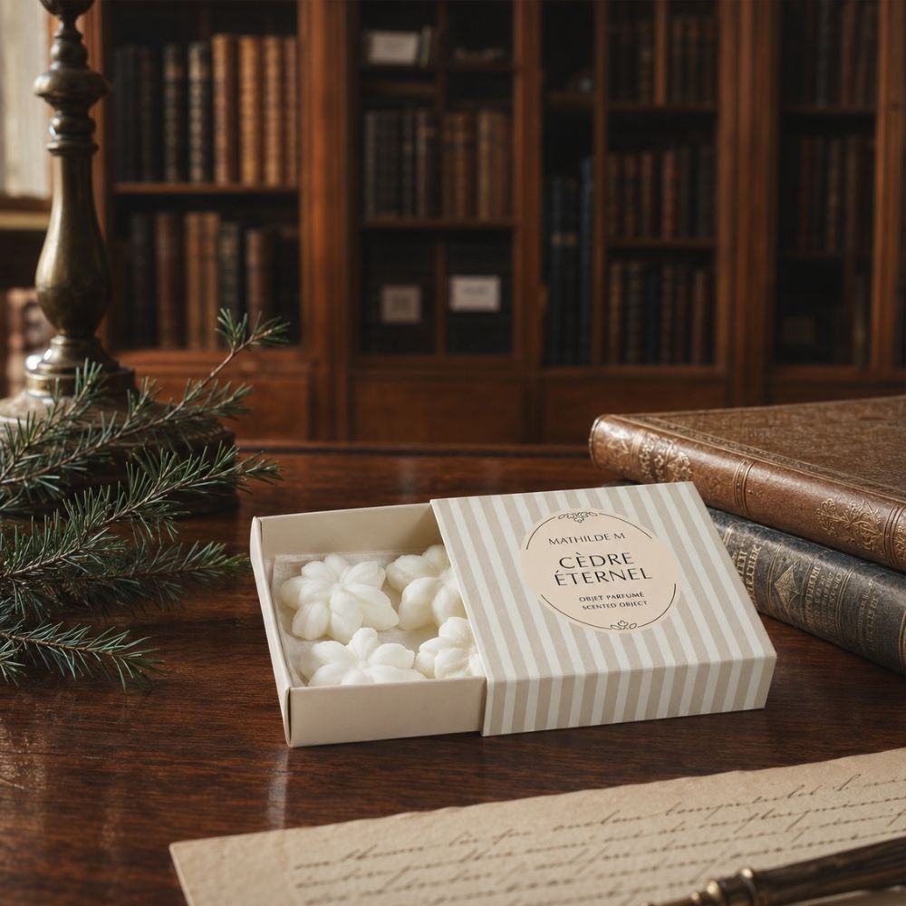 Ceras perfumadas para quemador Cèdre Éternel de Mathilde M en caja de rayas abierta sobre mesa de biblioteca antigua – D'Arome