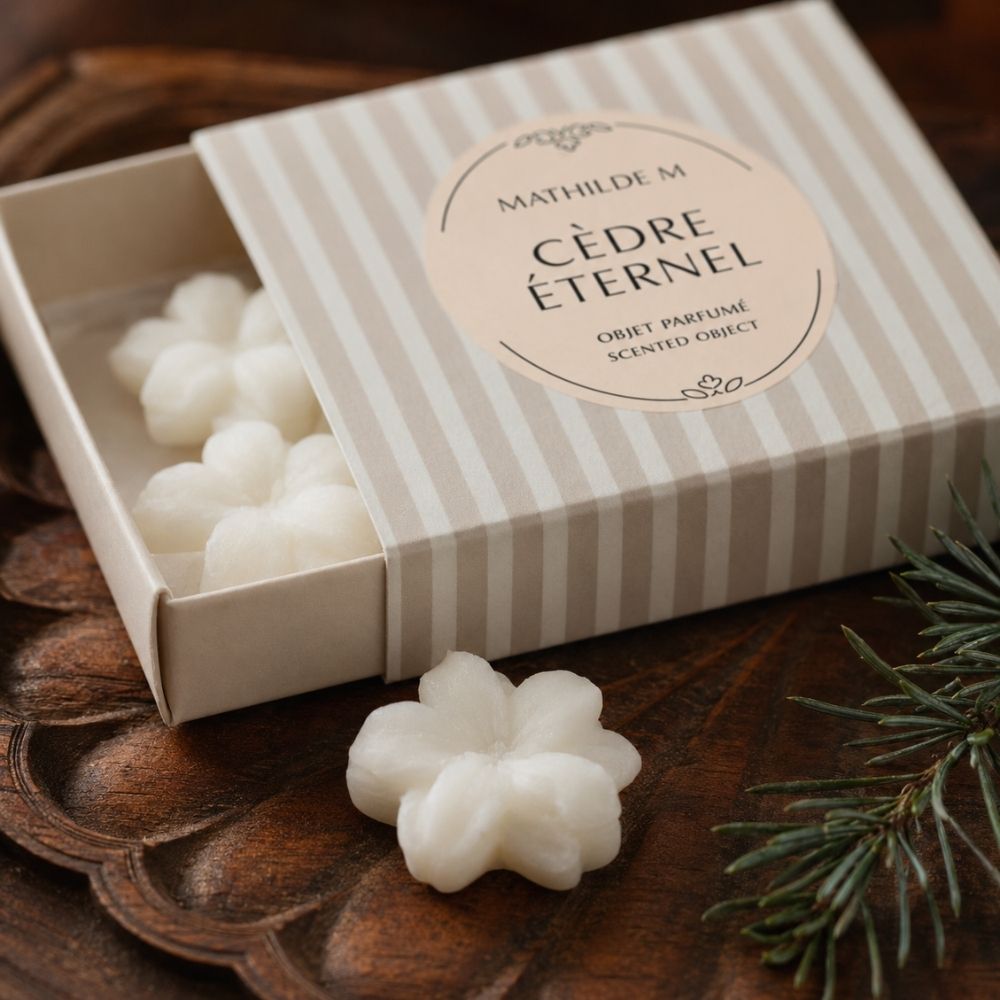 Detalle de una cera perfumada con forma de flor Cèdre Éternel Mathilde M junto a rama de cedro  y la caja medio abierta – D'Arome