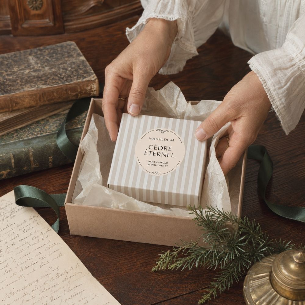 Persona envolviendo como regalo la caja de ceras perfumadas Cèdre Éternel de Mathilde M – D'Arome