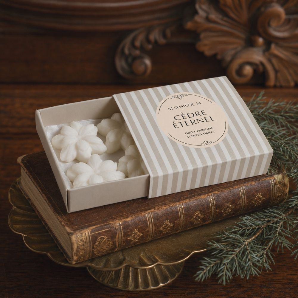 Caja de 4 ceras perfumadas Cèdre Éternel Mathilde M apoyada sobre libro antiguo con tapas doradas – D'Arome