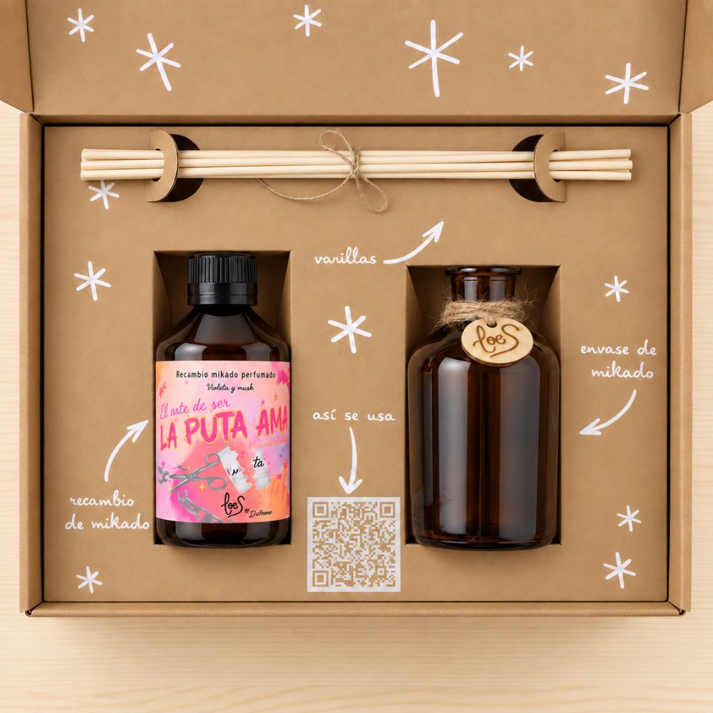 Contenido del cofre mikado La Puta Ama: recambio perfumado de violeta y musk, envase, varillas y código QR con el modo de uso – D'Arome