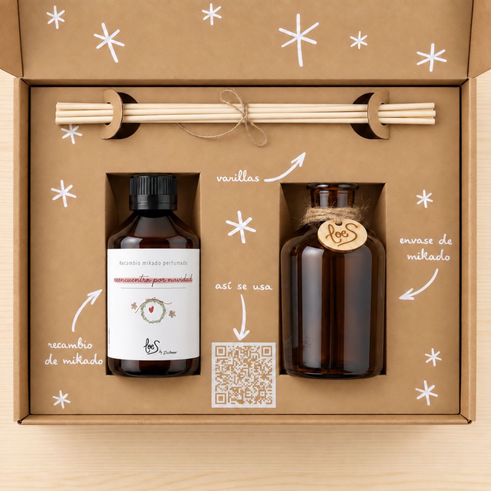 Interior del cofre mikado Reencuentro por Navidad: recambio perfumado LoeS, envase, varillas y código QR que explica cómo se usa – D'Arome