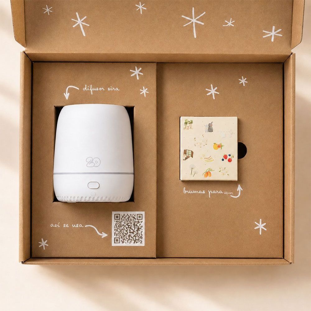 Detalle del cofre de Navidad: difusor de aromas Sira, caja de brumas para difusor LoeS y código QR con instrucciones de uso – D'Arome