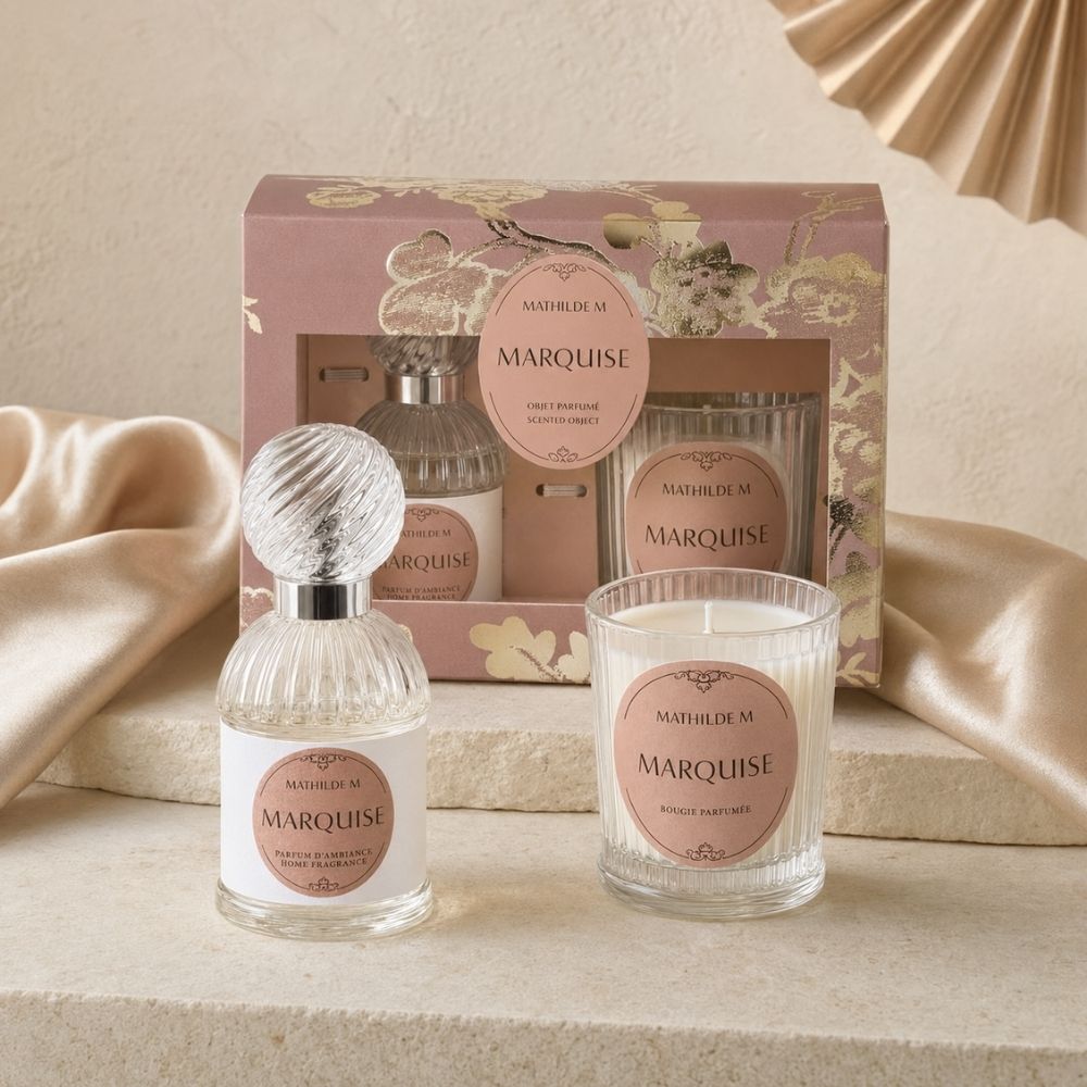 Cofre regalo Trésor de Fleurs Marquise de Mathilde M con ambientador spray de cristal estriado, vela perfumada y su caja rosa – D'Arome