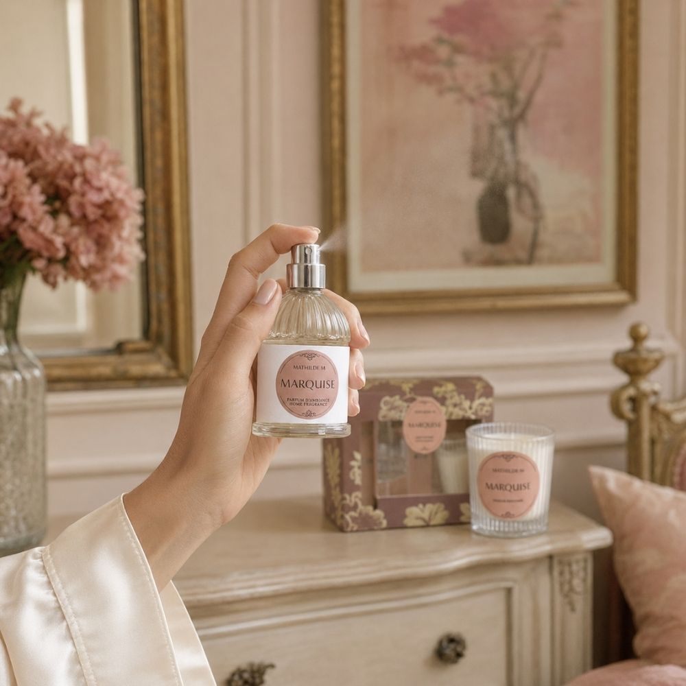 Aplicando el ambientador spray del cofre regalo Trésor de Fleurs Marquise Mathilde M con la vela perfumada y la caja de fondo – D'Arome