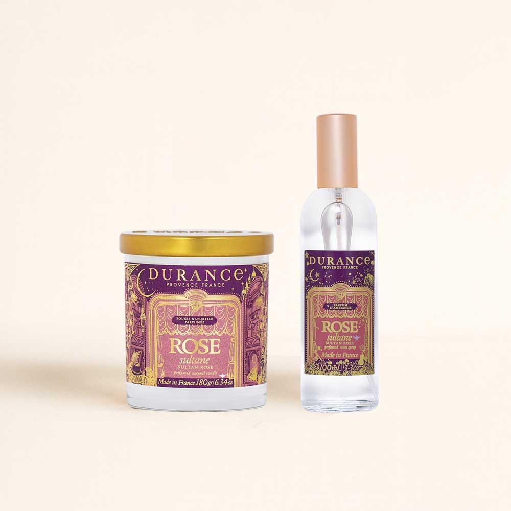 Vela aromática 180g y ambientador spray 100ml Rose Sultane Durance, productos incluidos en el cofre regalo – D'Arome
