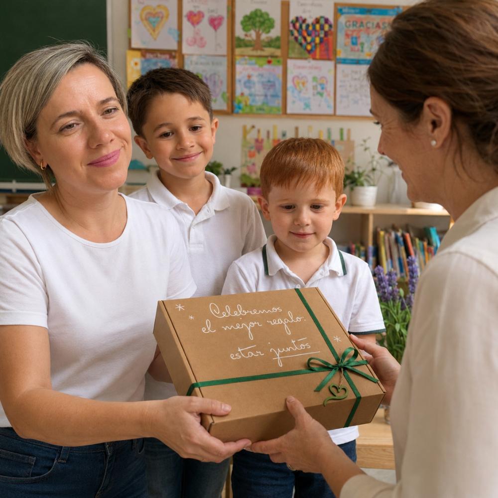 Madre y alumnos entregan el cofre regalo de D'Arome con quemador corazón y tartaletas de cera LoeS a su maestra como regalo de fin de curso en el aula del colegio – D'Arome