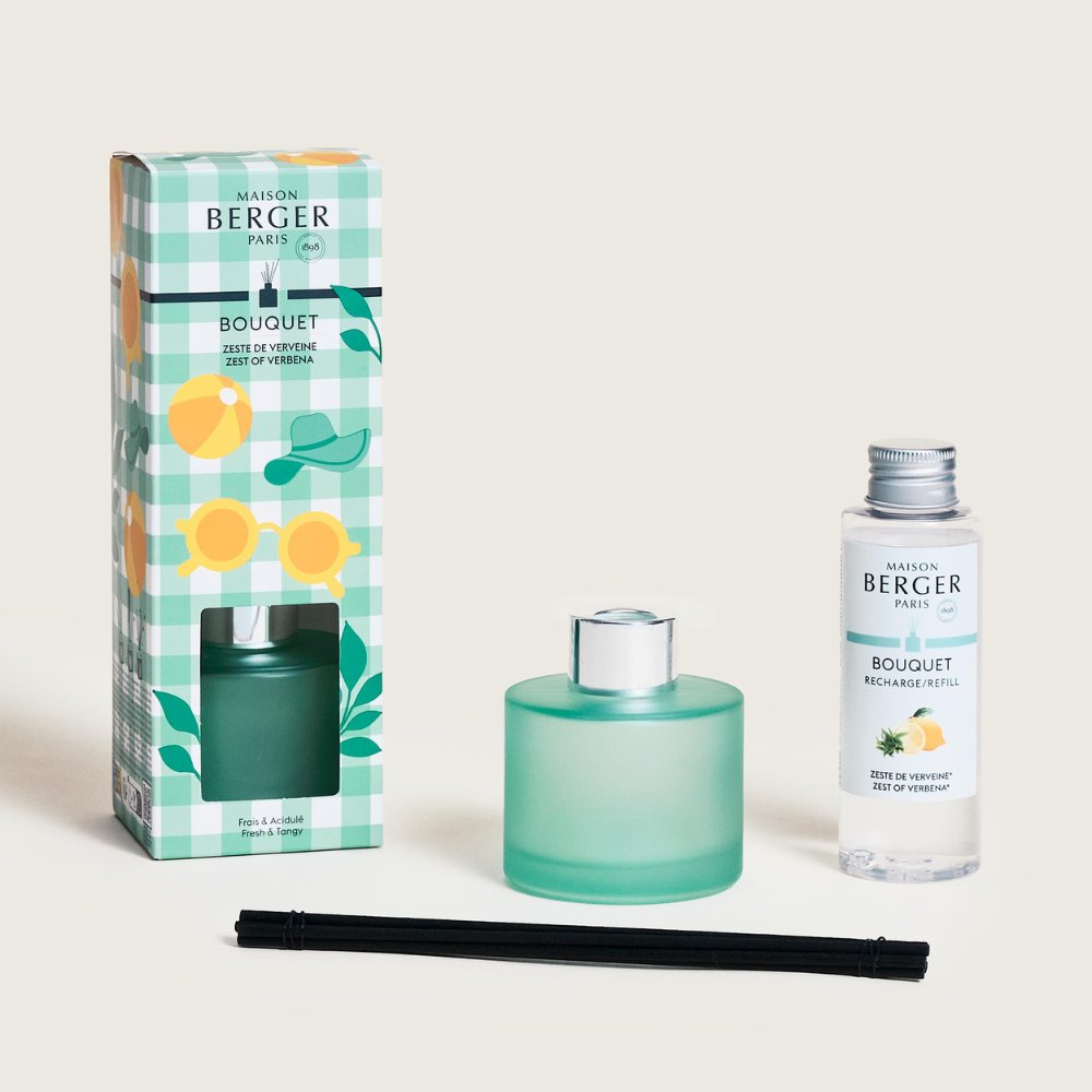 Cofre regalo Mini Mikado Verde Escarchado Estivale Maison Berger con frasco varillas y recarga Verbena