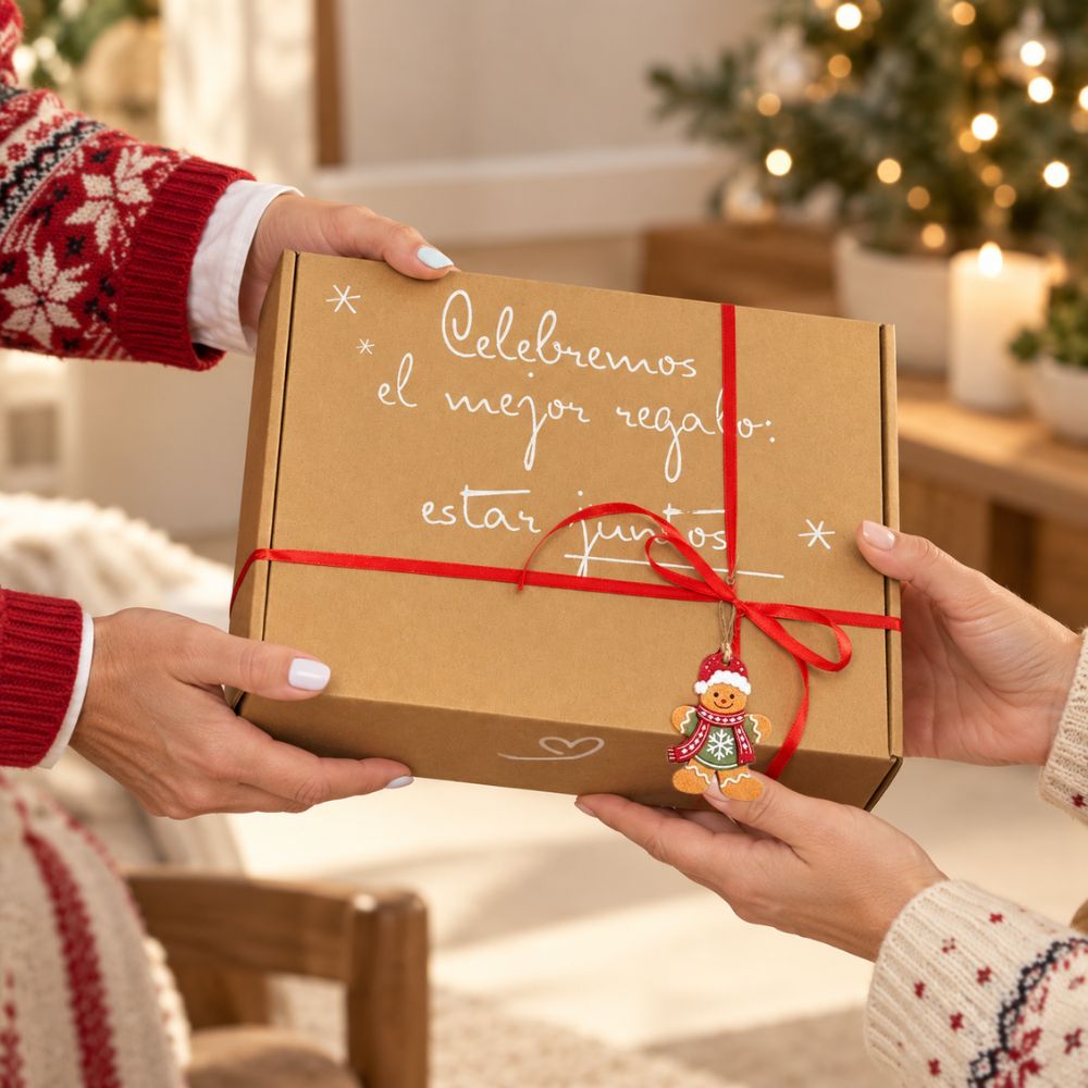 Cofre regalo de Navidad en caja kraft con lazo rojo y adorno de galleta de jengibre, listo para regalar sin envolver – D'Arome