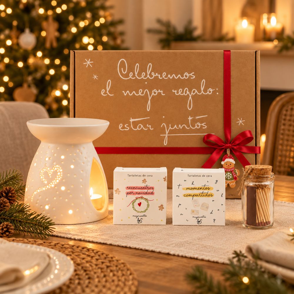 Cofre regalo de Navidad 'Enciende la Navidad' con quemador Corazón de cerámica, 2 tartaletas de cera LoeS y cerillas, caja kraft con lazo rojo – D'Arome
