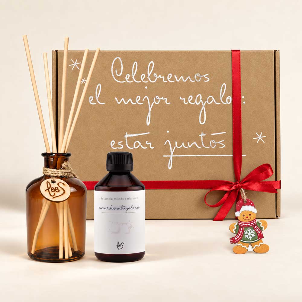 Cofre regalo de Navidad 'La Navidad de siempre' con mikado Recuerdos entre Jabones de LoeS, envase Topacio y varillas, caja kraft con lazo rojo – D'Arome