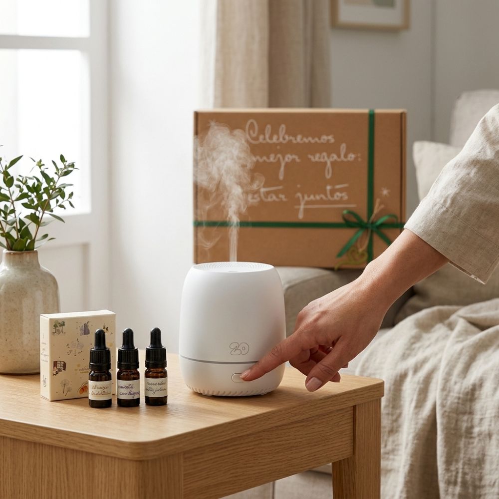 Difusor de aromas Sira en funcionamiento emitiendo bruma perfumada junto al trío de mini esencias LoeS y caja regalo kraft "Celebremos el mejor regalo: estar juntos" en salón – D'Arome