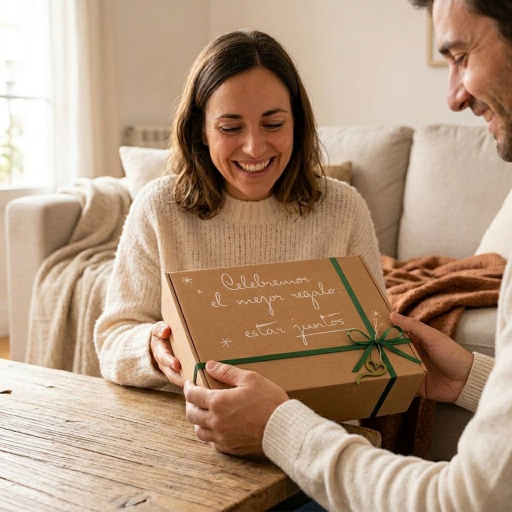 Pareja en salón de casa disfrutando del momento de regalar el cofre regalo original de D'Arome con difusor Sira y mini esencias LoeS, caja kraft con lazo verde "Celebremos el mejor regalo: estar juntos" – D'Arome