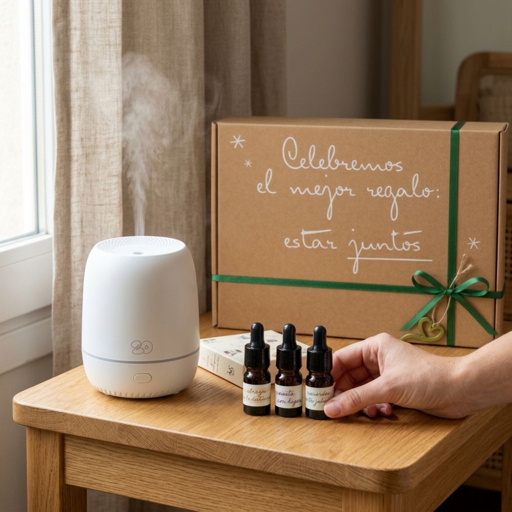Contenido completo del cofre regalo original de D'Arome: difusor de aromas Sira blanco, cajita con 3 mini esencias LoeS y caja regalo kraft con lazo verde en salón acogedor – D'Arome