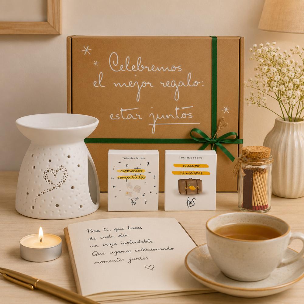 Cofre regalo para profesora de fin de curso de D'Arome con quemador corazón, tartaletas de cera LoeS, cerillas, vela encendida, taza de té y nota manuscrita "Para ti que haces de cada día un viaje inolvidable, que sigamos coleccionando momentos juntos" – D'Arome