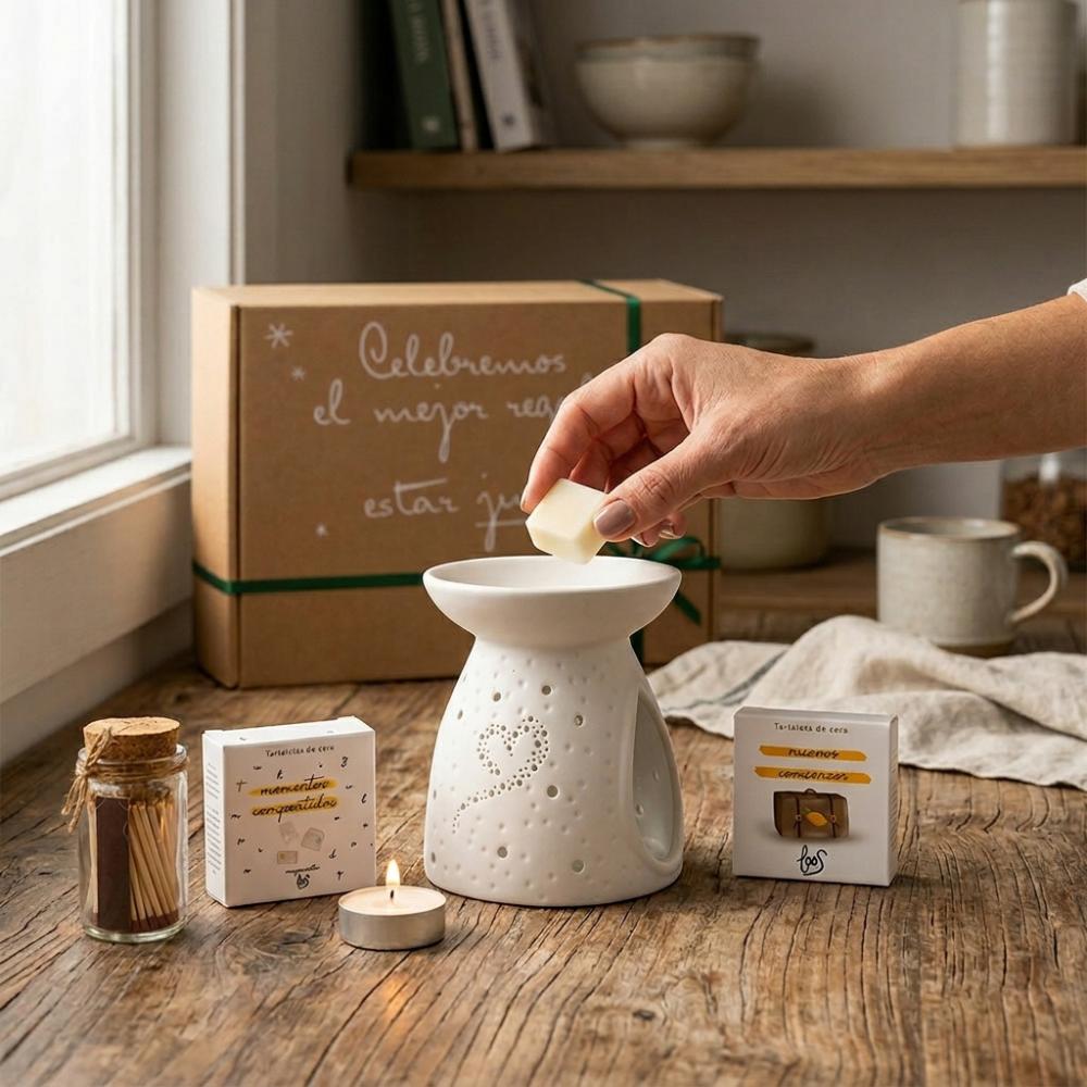 Cómo usar el cofre regalo para profesora de D'Arome: colocando tartaleta de cera perfumada LoeS en el quemador corazón de cerámica con vela encendida, junto a cerillas y caja kraft – D'Arome