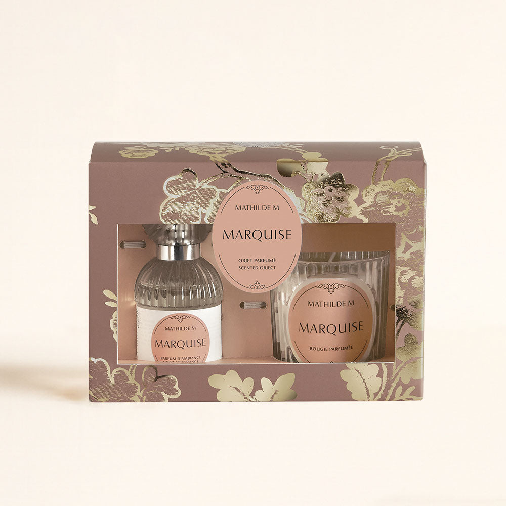 Cofre regalo Trésor de Fleurs Marquise Mathilde M con ambientador spray de borla blanca y vela dorada – D'Arome