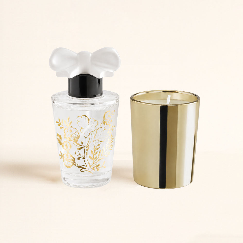 Piezas incluidas en el cofre regalo Trésor de Fleurs Marquise Mathilde M, ambientador mikado decorativo y vela de crital dorada – D'Arome