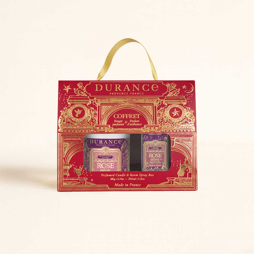 Cofre regalo Rose Sultane Durance con vela aromática y spray de ambiente en caja roja con asa dorada – D'Arome