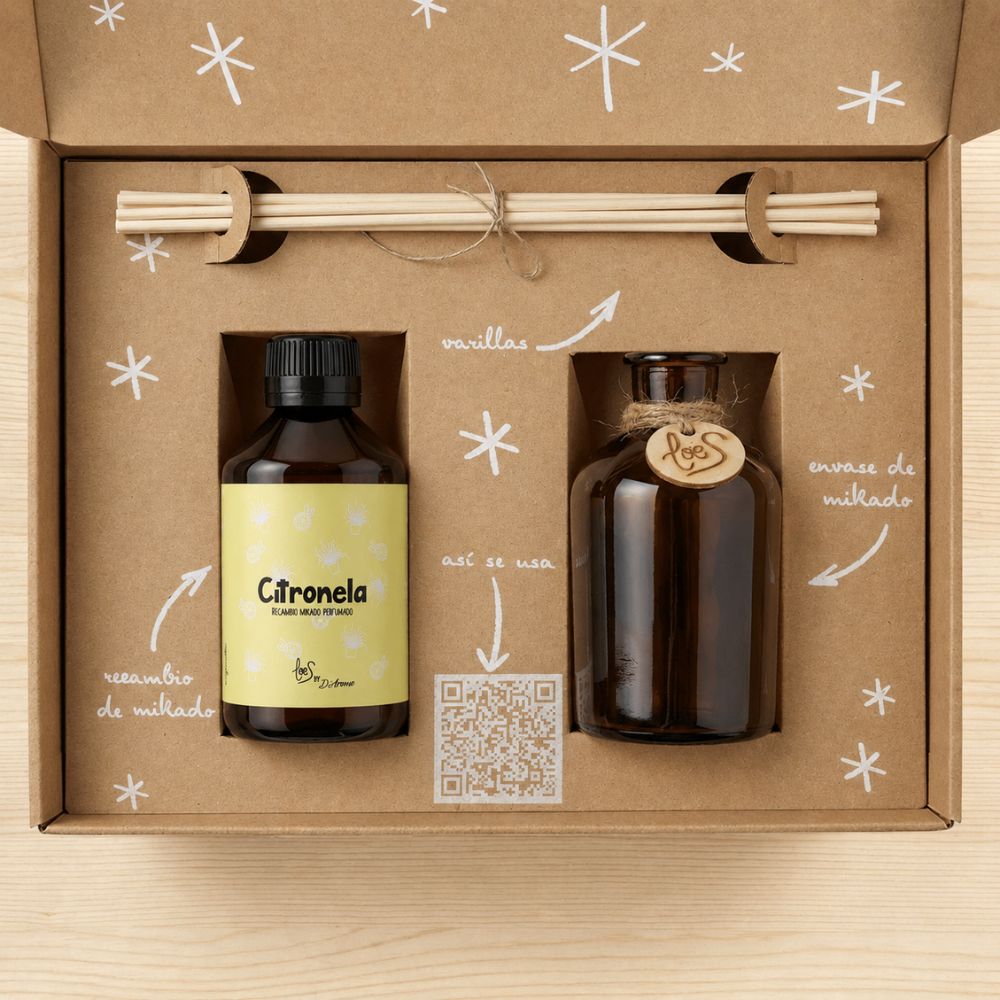 Interior del cofre regalo de verano mikado de LoeS con todos los componentes etiquetados: envase mikado de cristal ámbar, varillas y recambio Citronela perfumado – D'Arome