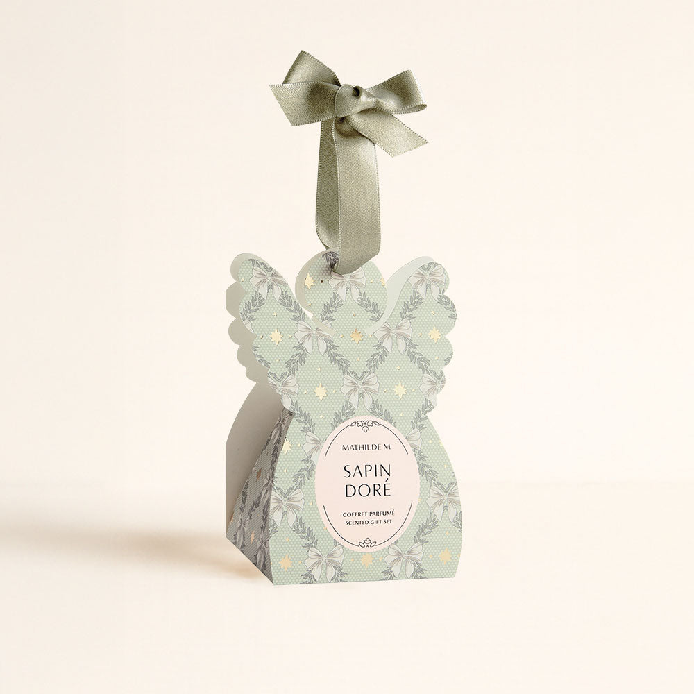 Cofre sorpresa cerámicas perfumadas Sapin Doré Mathilde M con caja en forma de ángel y lazo verde – D'Arome