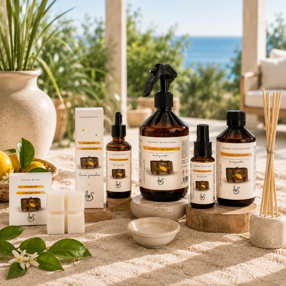 Colección completa Nuevos Comienzos de LoeS con aroma a limón y azahar en terraza mediterránea: tartaleta de cera perfumada, esencia para difusor con caja, spray textil eliminador de olores 500ml, mini spray 50ml y recambio mikado con varillas de ratán junto a limones y flores de azahar – D'Arome