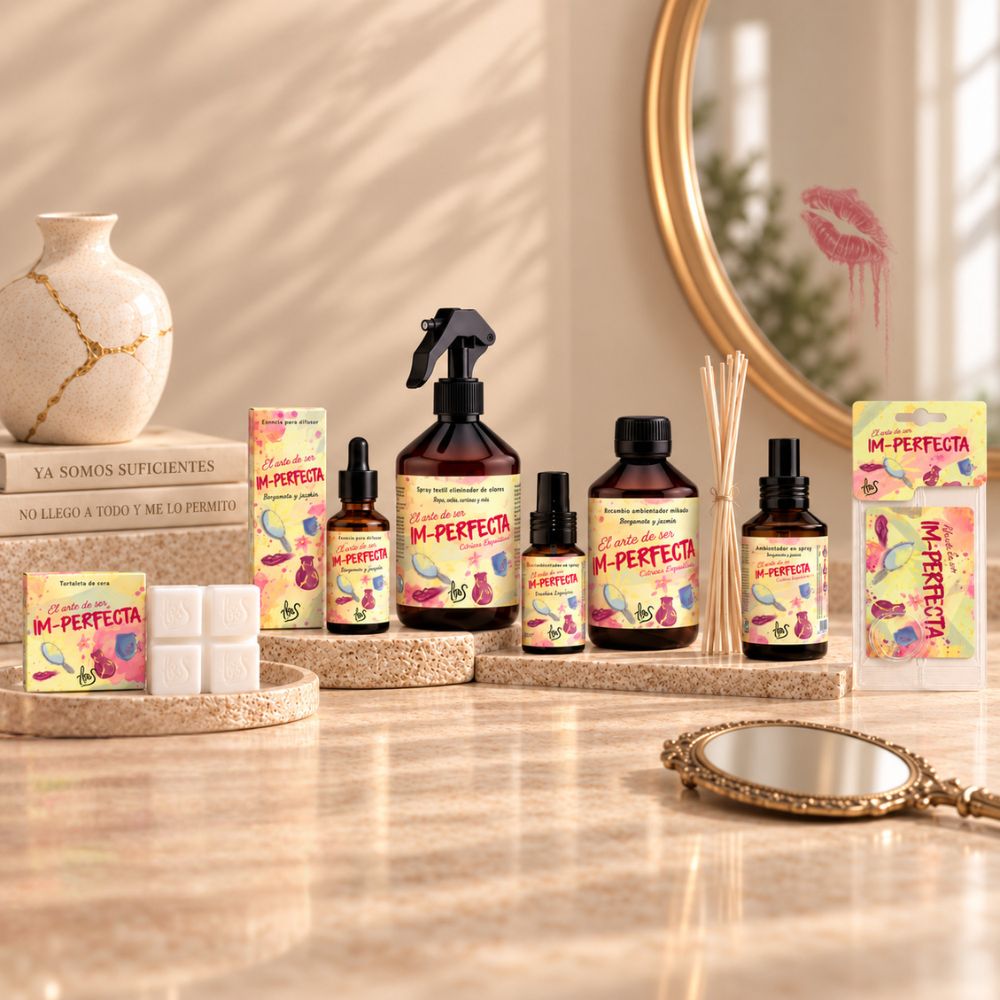 Colección completa El arte de ser Im-Perfecta de LoeS: tartaleta de cera, esencia para difusor, spray textil, recambio mikado y ambientadores en spray, el aroma oriental que te recuerda que eres valiosa sin necesidad de ser perfecta – D'Arome