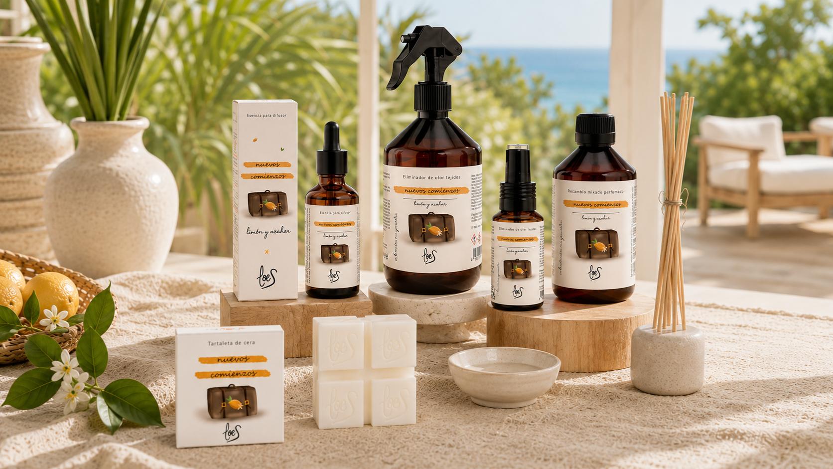 Colección completa Nuevos Comienzos de LoeS con aroma a limón y azahar en terraza mediterránea con vistas al mar: tartaleta de cera perfumada, esencia para difusor con caja, spray textil eliminador de olores 500ml, mini spray 50ml y recambio mikado con varillas de ratán junto a limones y flores de azahar – D'Arome