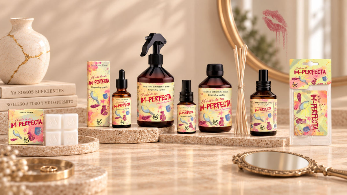 Colección completa El arte de ser Im-Perfecta de LoeS: tartaleta de cera, esencia para difusor, spray textil, recambio mikado, ambientador en spray y colgante de coche, bergamota y azafrán – D'Arome