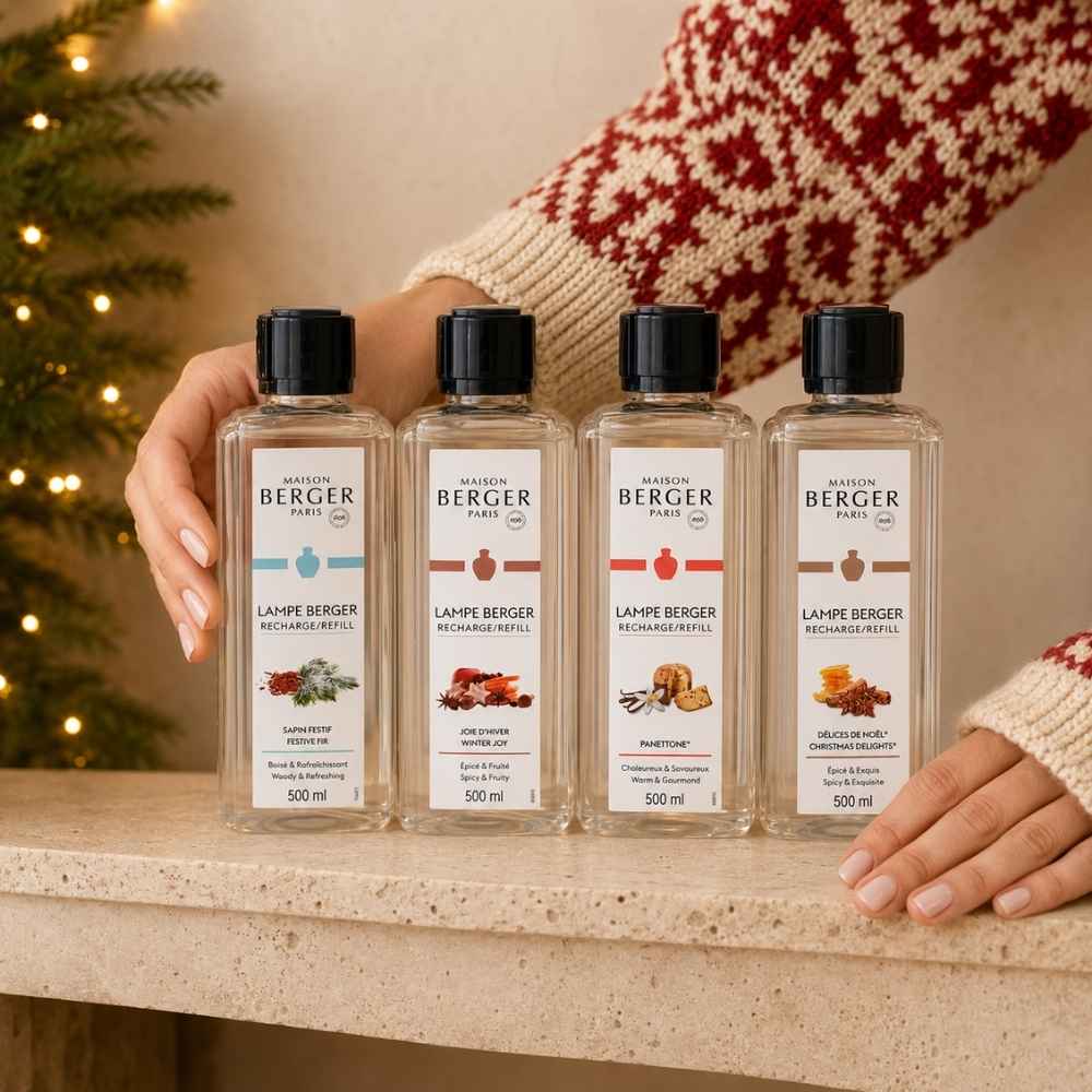 Colección navideña de recargas para lámpara catalítica Maison Berger 500 ml: Abeto Festivo, Alegría de Invierno, Panettone y Delicias de Navidad – D'Arome