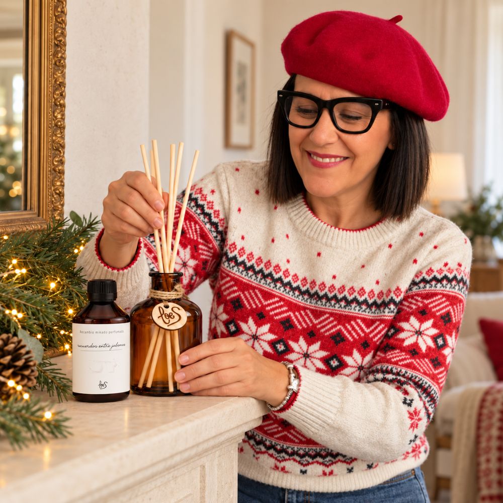Mari Carmen, fundadora y CEO de D'Arome, coloca las varillas del mikado Recuerdos entre Jabones de LoeS junto a un espejo dorado en Navidad – D'Arome