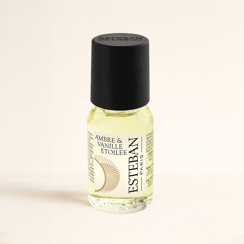 Detalle del concentrado de perfume Ambre y Vanille Étoilée Esteban Paris, frasco de esencia concentrada – D'Arome