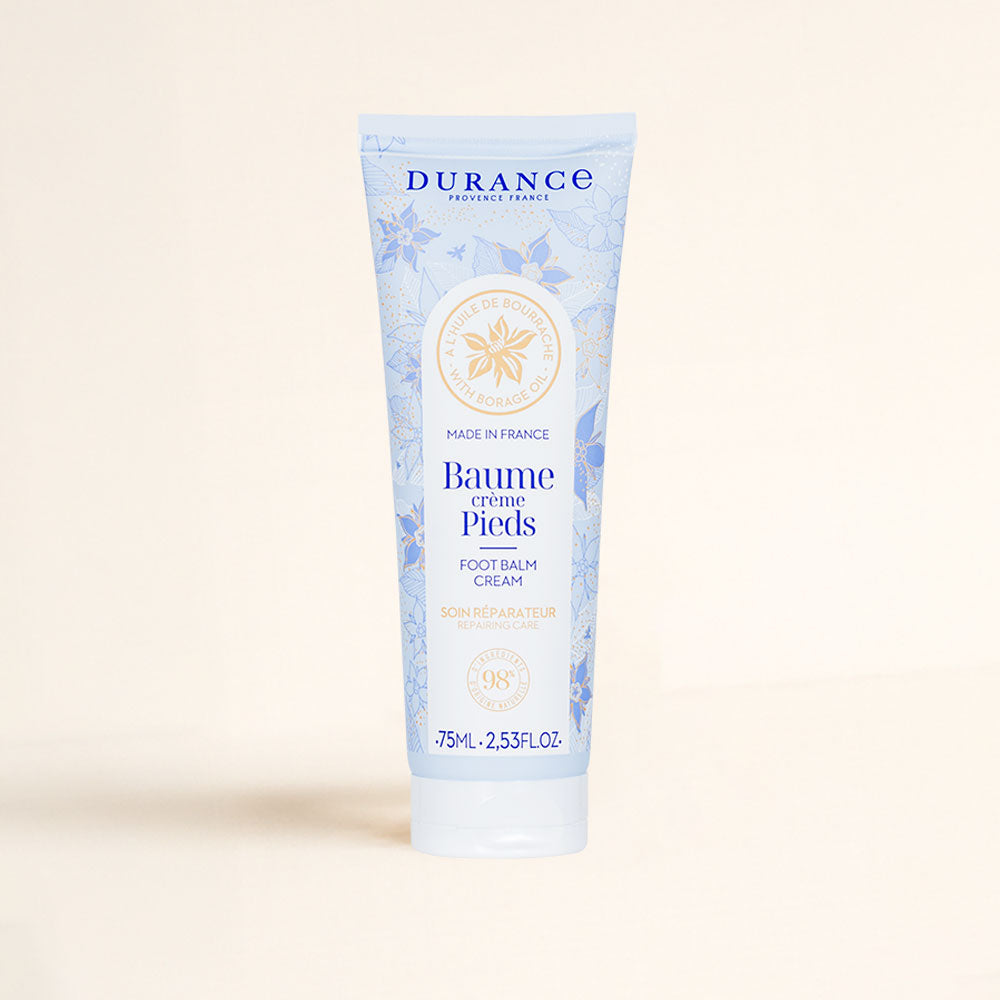 Bálsamo crema de pies con aceite de borraja Durance de 75ml, tubo con estampado floral azul sobre fondo crema liso – D'Arome