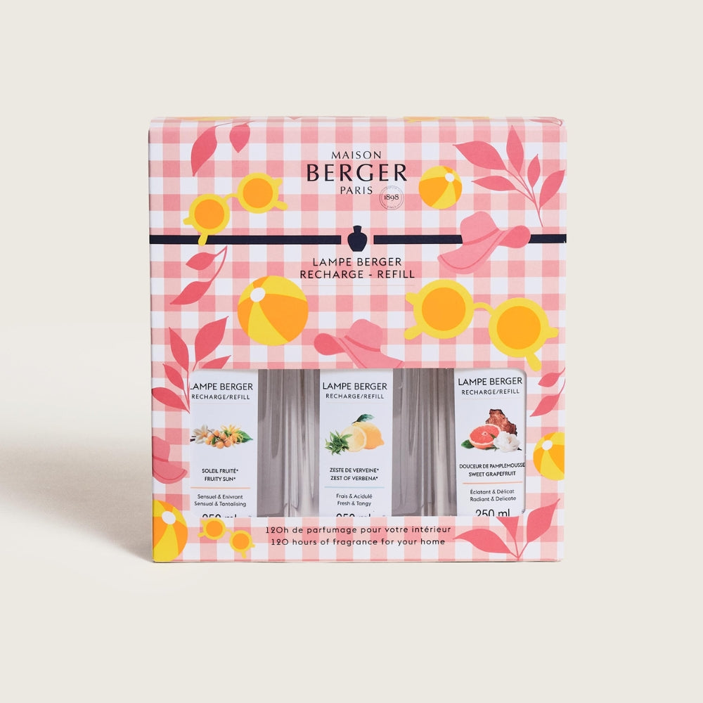 Packaging Trio Pack Estivale Maison Berger con tres recargas de verano Soleil Fruité Verbena y Sweet Grapefruit