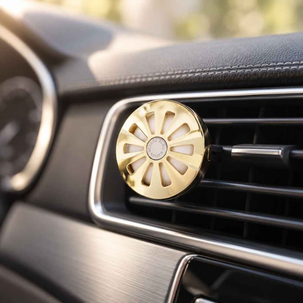 Difusor de coche Maison Berger en acabado dorado colocado en la rejilla de ventilación del vehículo – D'Arome