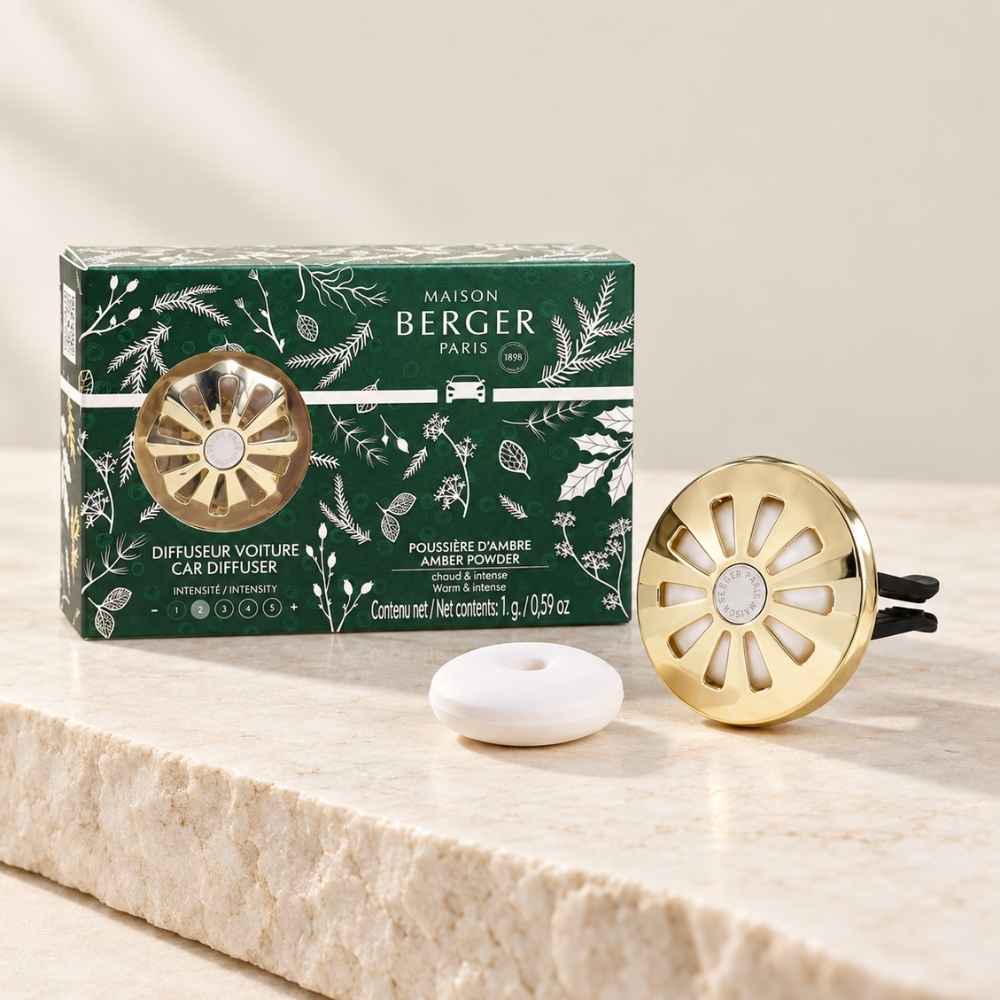 Caja de regalo del difusor de coche dorado Maison Berger con recarga Poussière d'Ambre (Polvo de Ámbar) – D'Arome