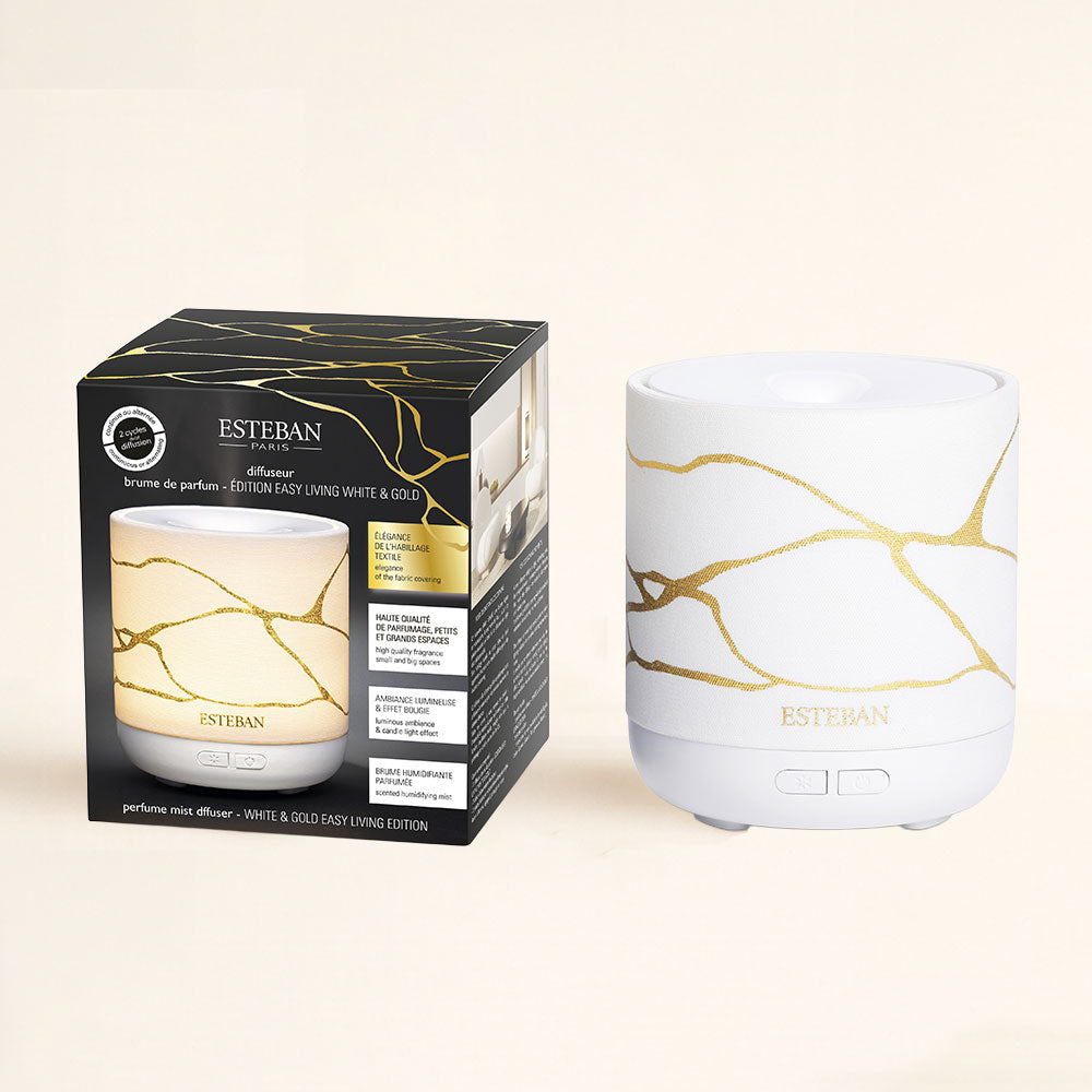 Difusor de aromas Easy Living White and Gold Esteban Paris apagado junto a su caja – D'Arome