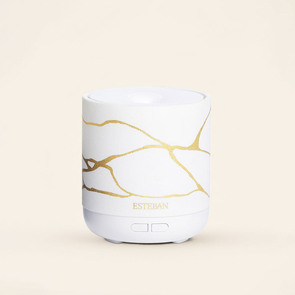 Difusor de aromas Easy Living White and Gold Esteban Paris con acabado textil blanco y grafismo dorado – D'Arome