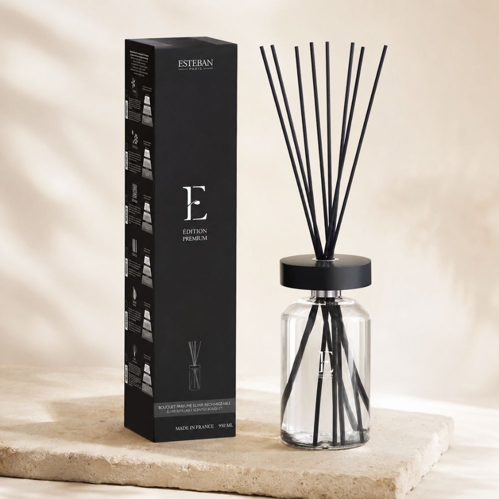 Caja negra Édition Premium y frasco de cristal del difusor mikado Figue Noire de Esteban Paris, formato 950 ml Made in France – D'Arome