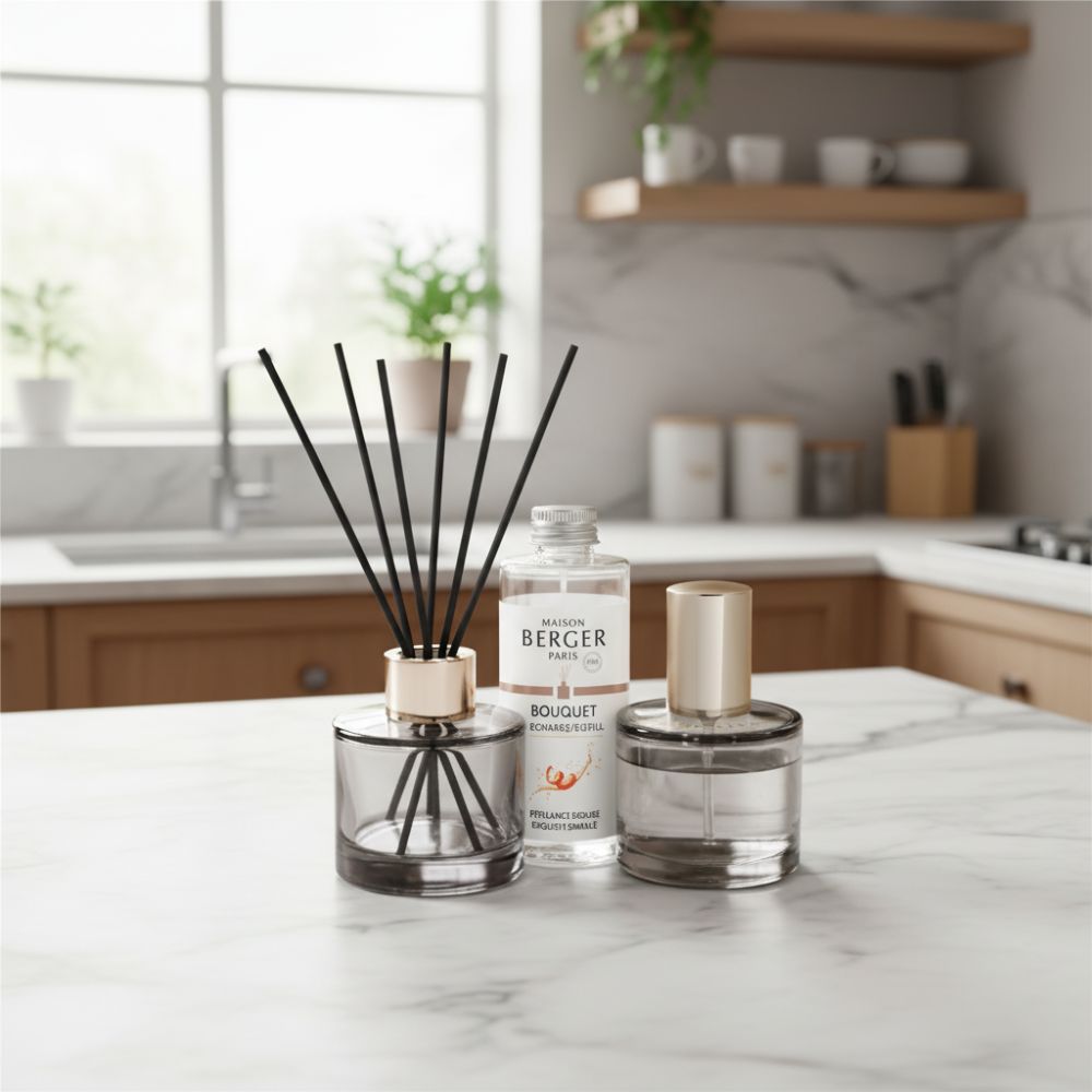 Dúo mini mikado y ambientador spray ROSALIE – aroma Pétillance Exquise – Maison Berger