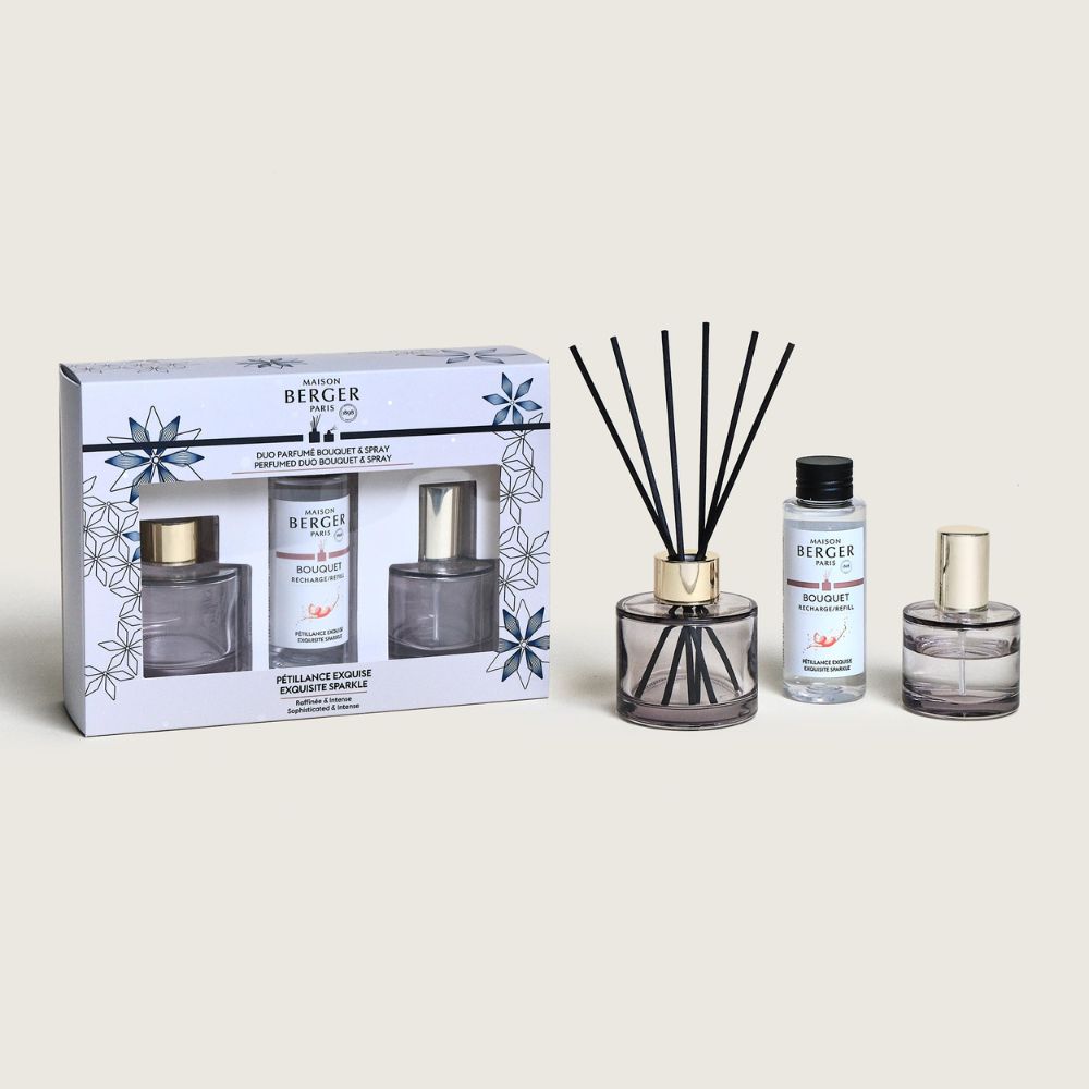 Dúo mini mikado y ambientador spray ROSALIE – aroma Pétillance Exquise – Maison Berger
