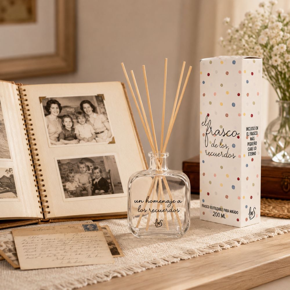 Frasco mikado reutilizable 200ml "Un homenaje a los recuerdos" de LoeS junto a un álbum de fotos familiares antiguas y postales vintage, regalo emocional para conservar recuerdos – D'Arome