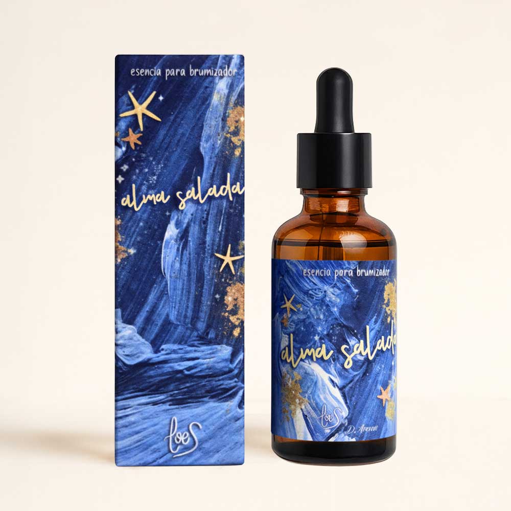 Esencia para difusor de aromas Alma Salada de LoeS con frasco cuentagotas ámbar y packaging azul marino con estrellas – D'Arome