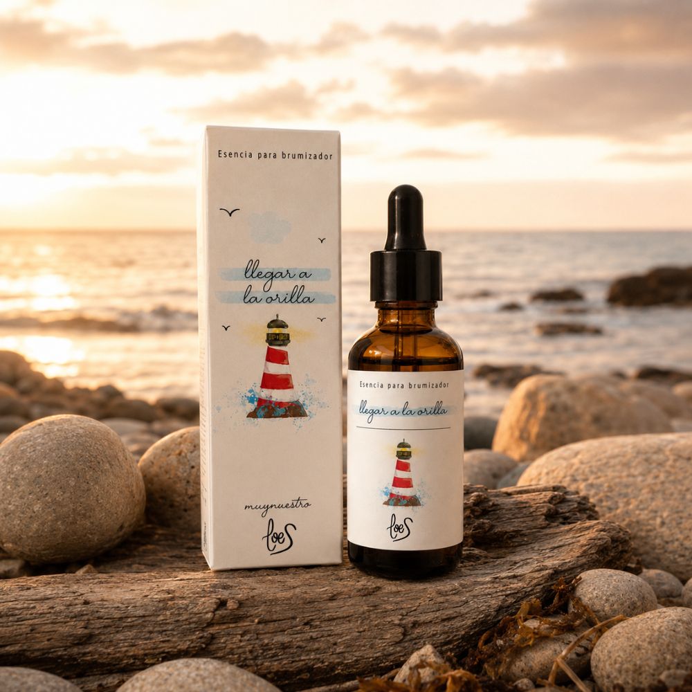 Esencia para difusor de aromas "Llegar a la orilla" de LoeS sobre madera deriva en una playa de piedras al atardecer, evocando la calma después de la tormenta – D'Arome