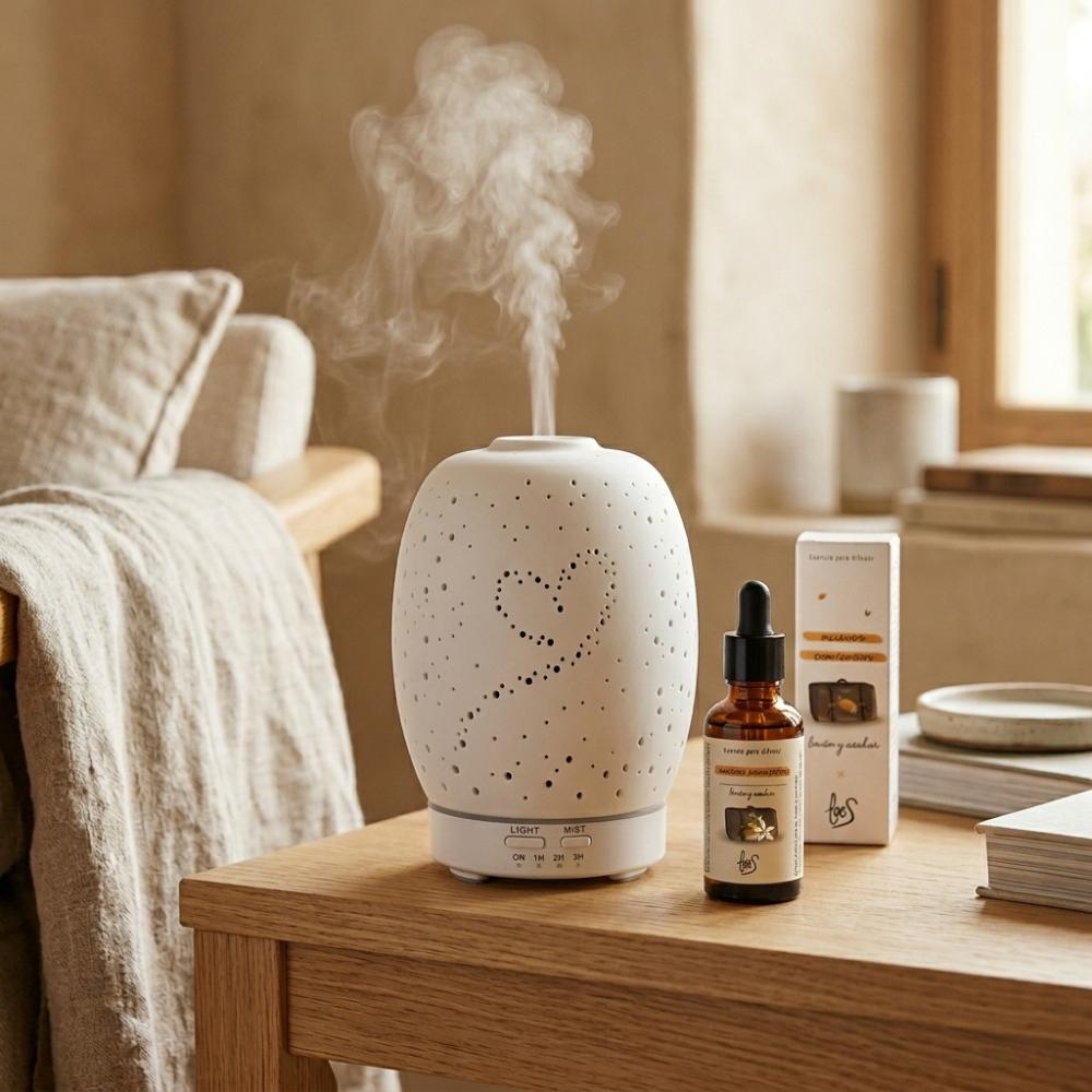 Difusor ultrasónico con bruma visible y esencia Nuevos Comienzos LoeS limón y azahar en mesita de dormitorio nórdico, aromaterapia para el hogar – D'Arome